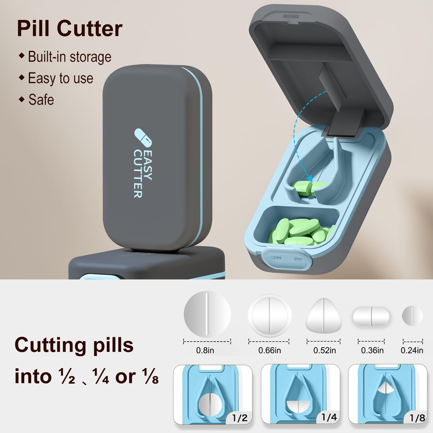 Open view of the ViLoSa tablet splitter revealing the stainless steel blade and adjustable V shaped holder