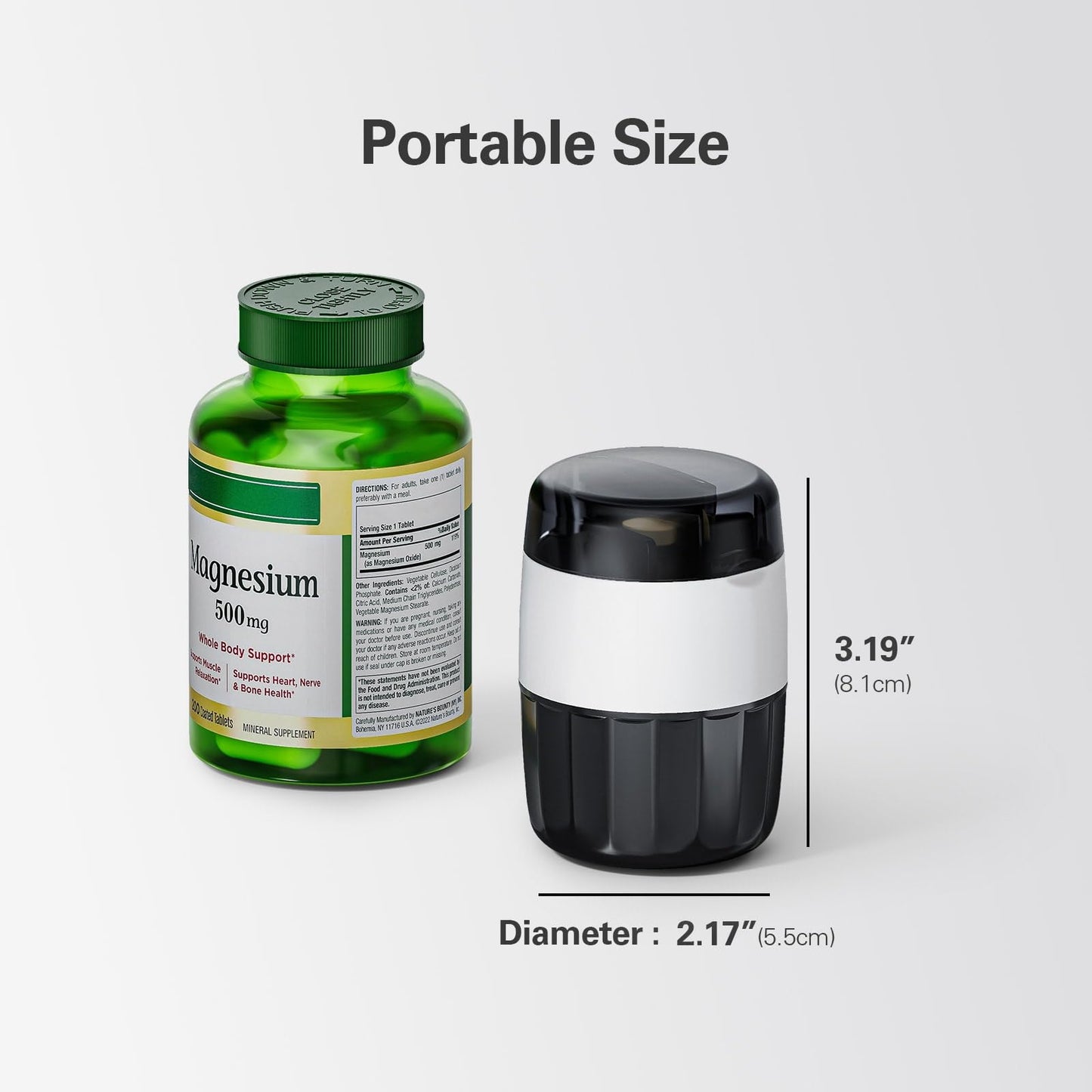 DEPAD travel-friendly pill crusher dimensions compared to a compact handheld health device
