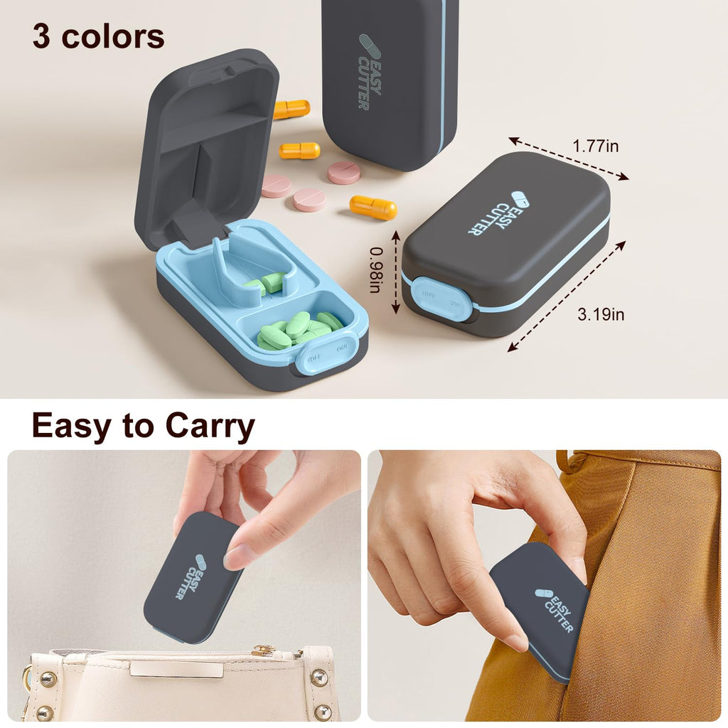 Compact travel friendly pill organizer and cutter set showcasing the included keychain pill holder accessory