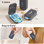 Compact travel friendly pill organizer and cutter set showcasing the included keychain pill holder accessory