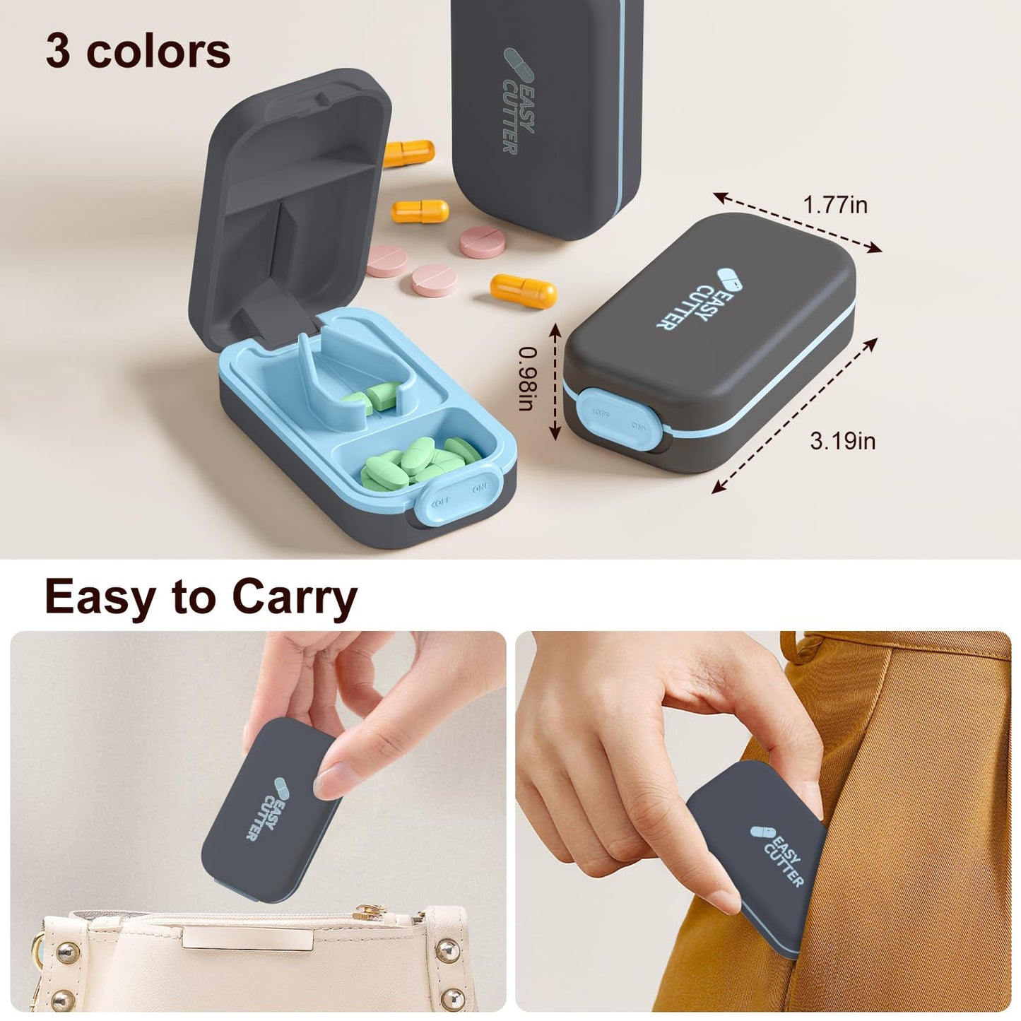 Compact travel friendly pill organizer and cutter set showcasing the included keychain pill holder accessory