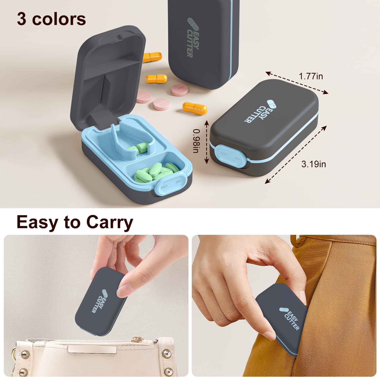 Compact travel friendly pill organizer and cutter set showcasing the included keychain pill holder accessory