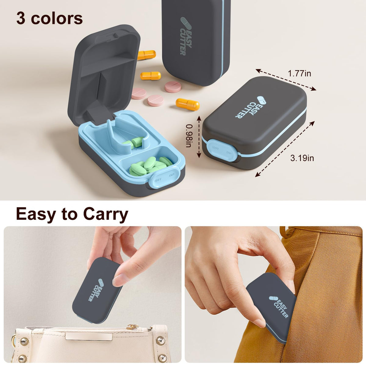 Compact travel friendly pill organizer and cutter set showcasing the included keychain pill holder accessory