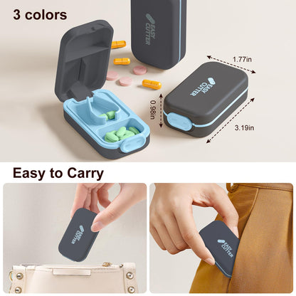 Compact travel friendly pill organizer and cutter set showcasing the included keychain pill holder accessory