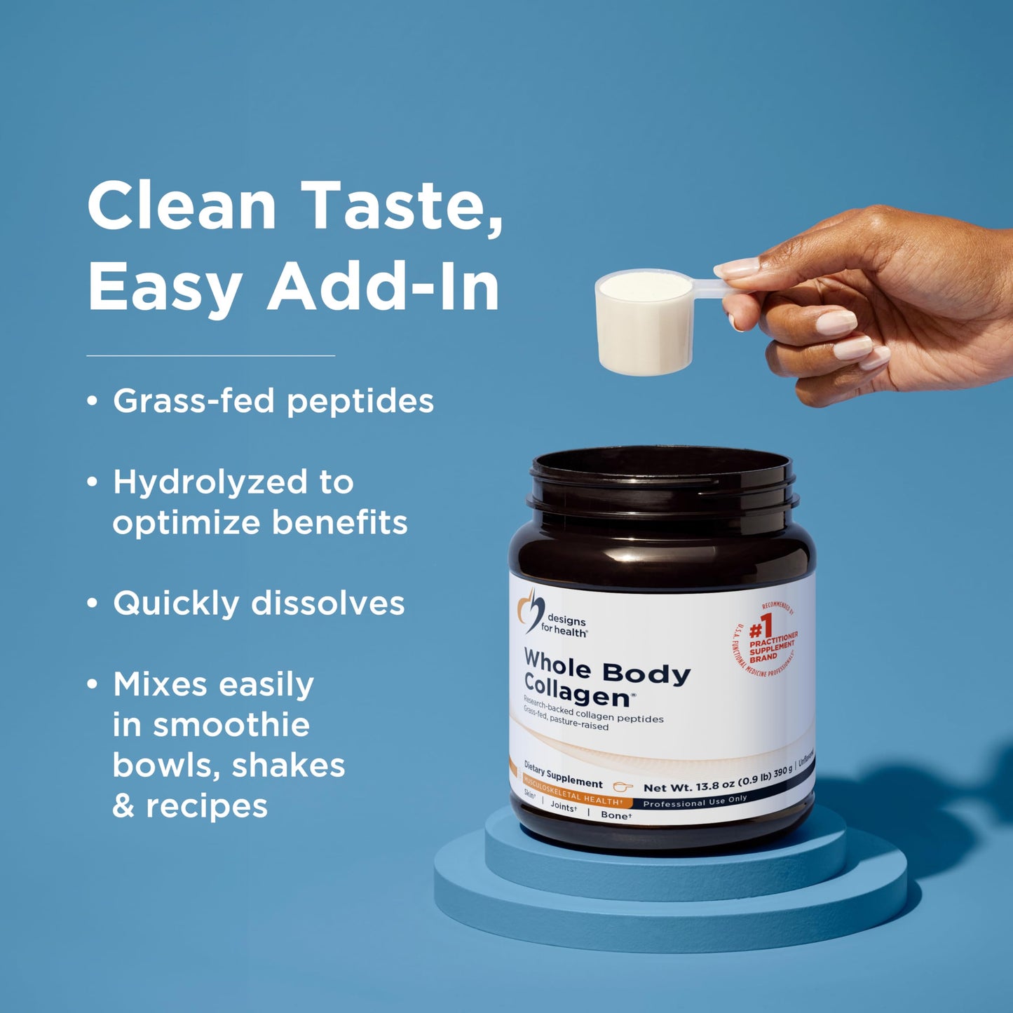 Designs for Health Whole Body Collagen supplement label detailing Verisol Fortigel and Fortibone ingredients