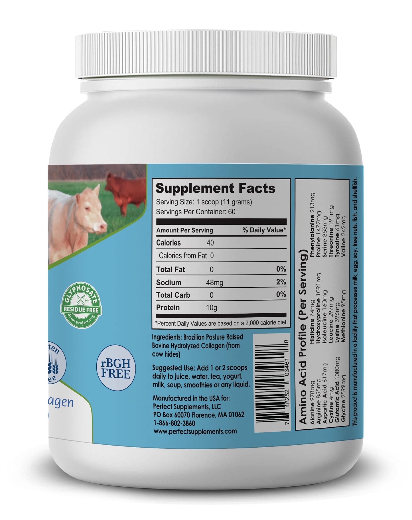 Grass-fed collagen peptides nutritional facts and clean formulation label close up.