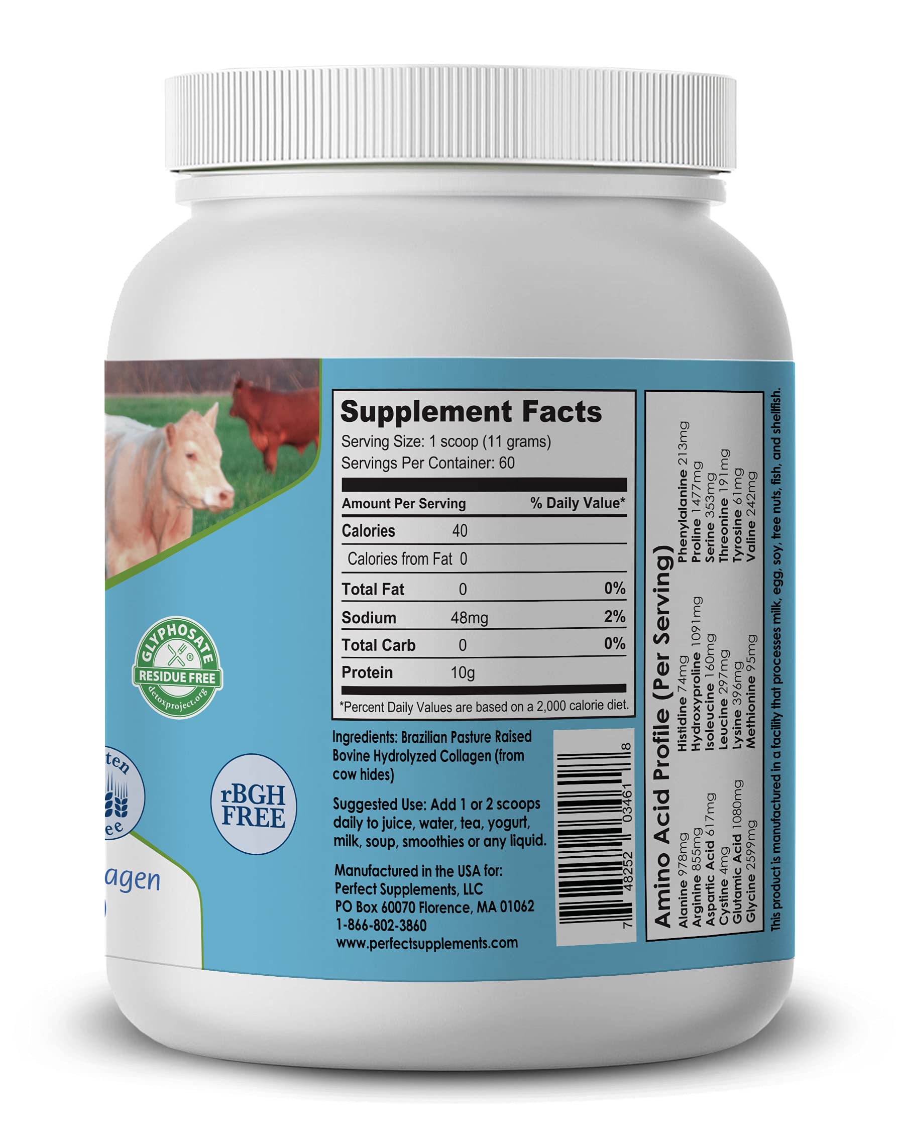 Grass-fed collagen peptides nutritional facts and clean formulation label close up.