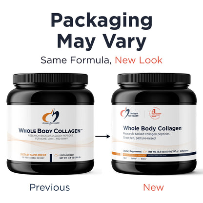 Designs for Health Whole Body Collagen nutritional facts panel showing clean non GMO ingredients