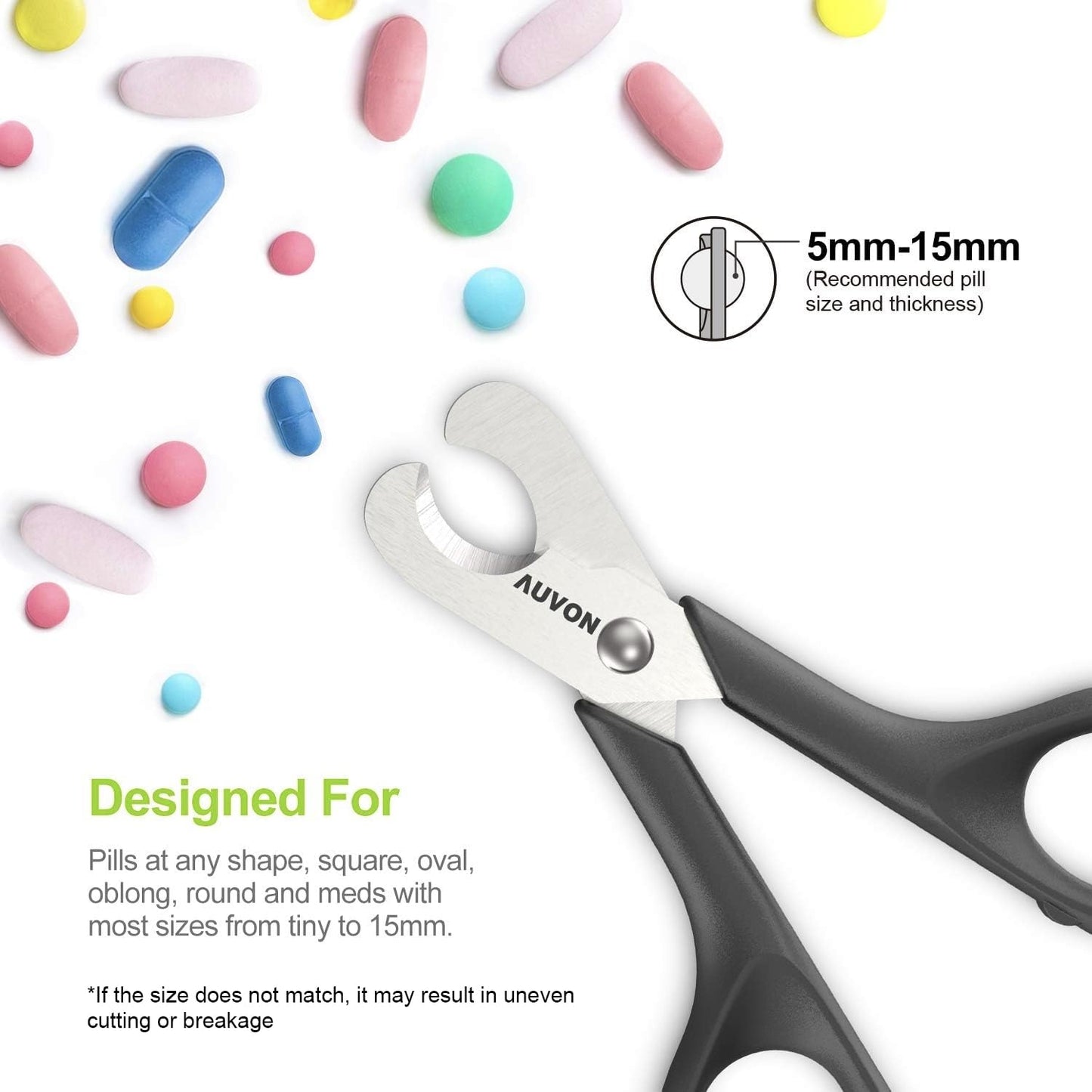 Imported USA medical pill cutter holding an oval medication in the cradle