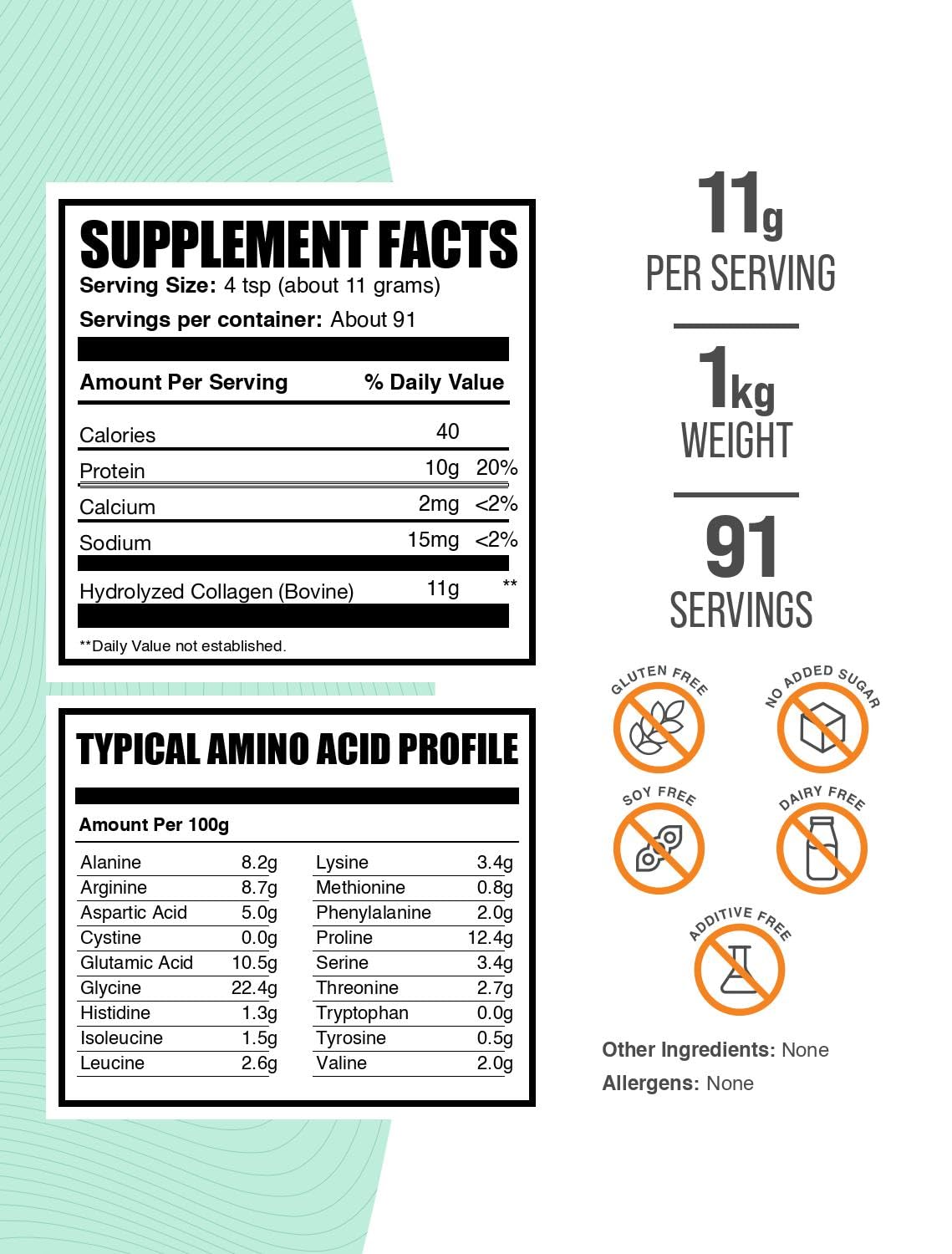 Unflavored gluten free bovine collagen supplement powder 1kg bag displaying nutritional facts and 11g serving size.
