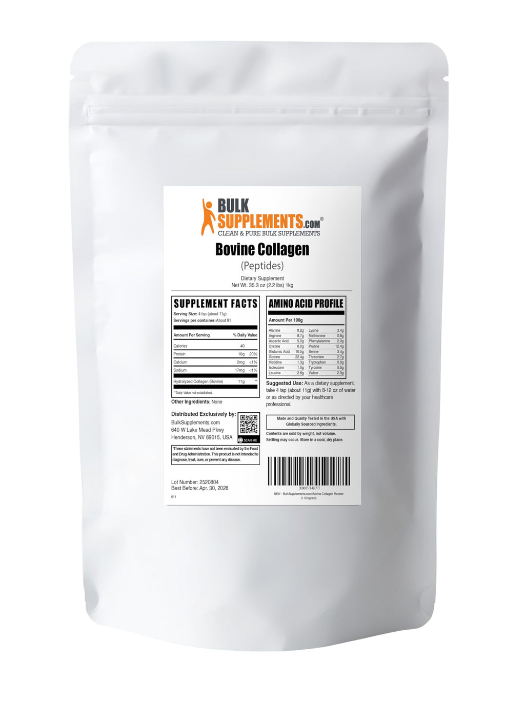 Authentic 1 kilogram bovine collagen powder package standing upright on a clean surface.