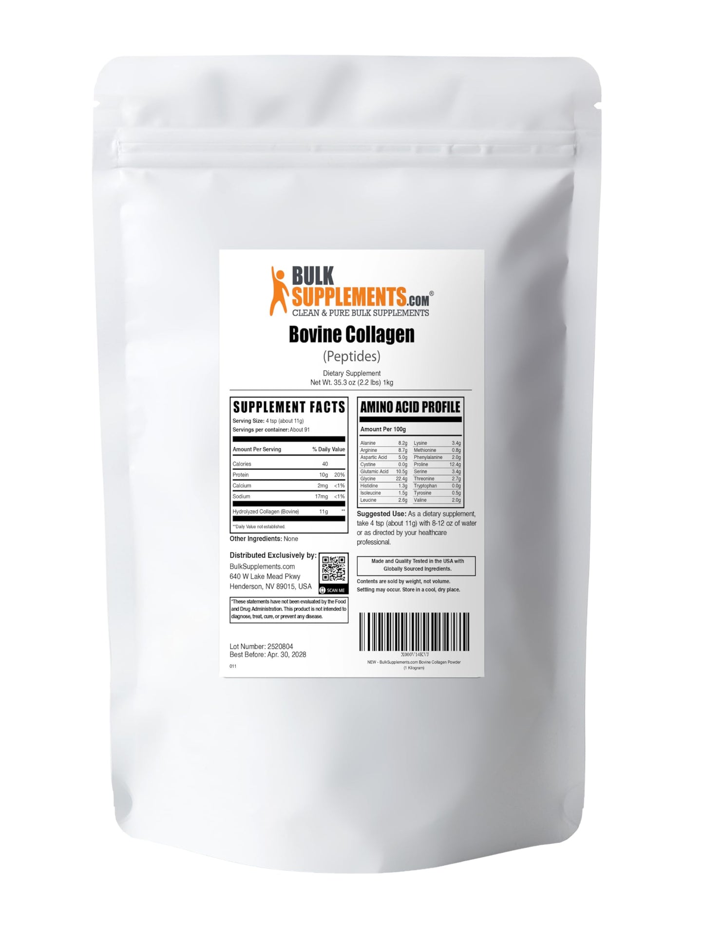 Authentic 1 kilogram bovine collagen powder package standing upright on a clean surface.