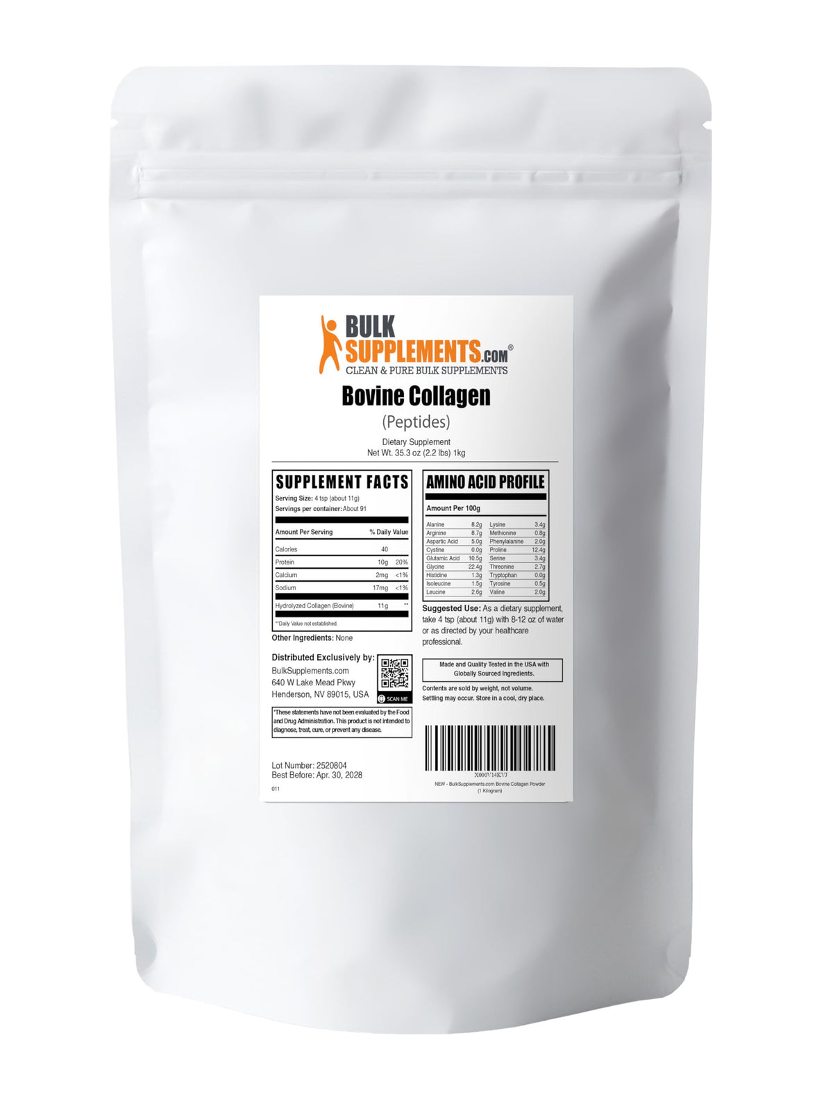 Authentic 1 kilogram bovine collagen powder package standing upright on a clean surface.