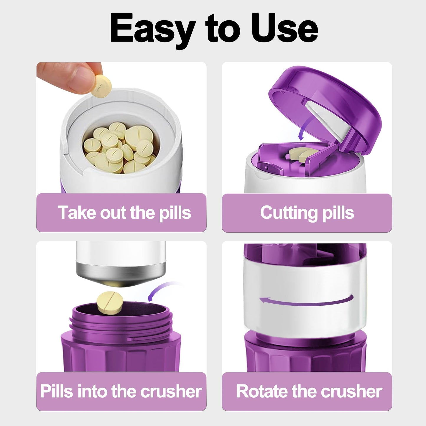 DUBSTAR purple medication aid being twisted by hand to demonstrate ergonomic easy grip operation