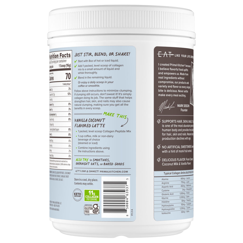 Keto certified dairy free vanilla coconut collagen mix scoop close up
