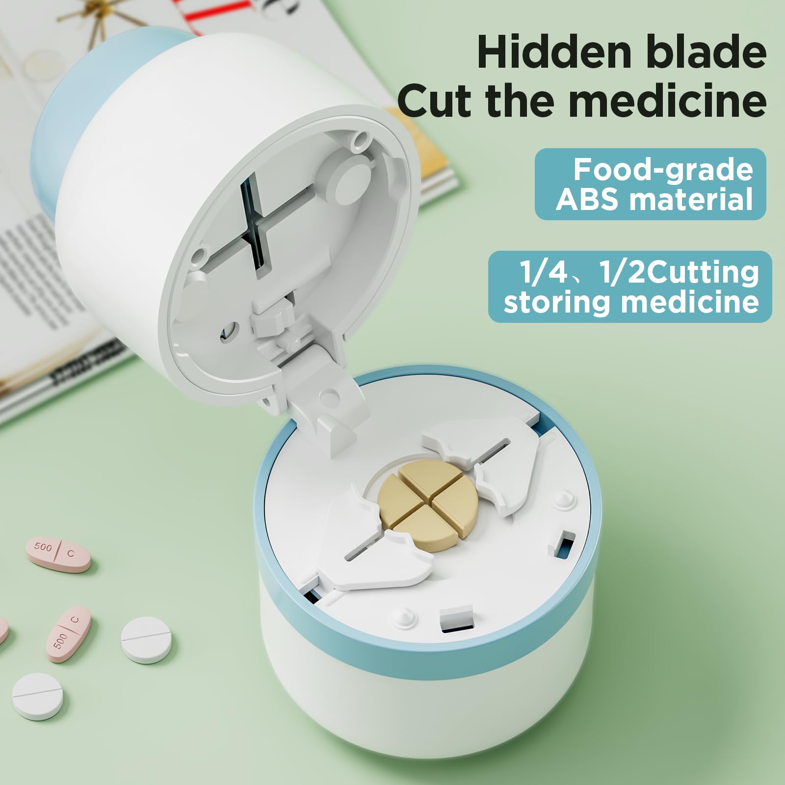 Open view of the GAONLY tablet splitter highlighting the hidden stainless steel blade.