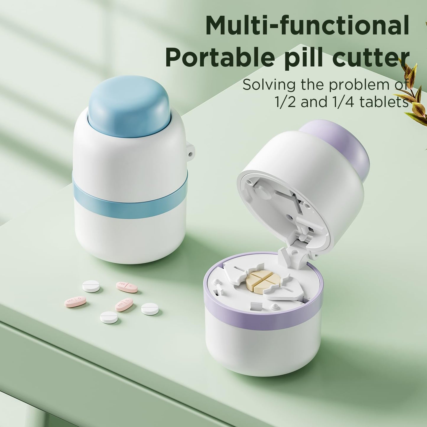 Adjustable slot mechanism within the blue medicine cutter centering a small round pill.