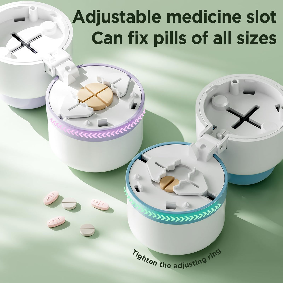 Built-in travel storage compartment of the medical-grade tablet divider holding multiple pills.