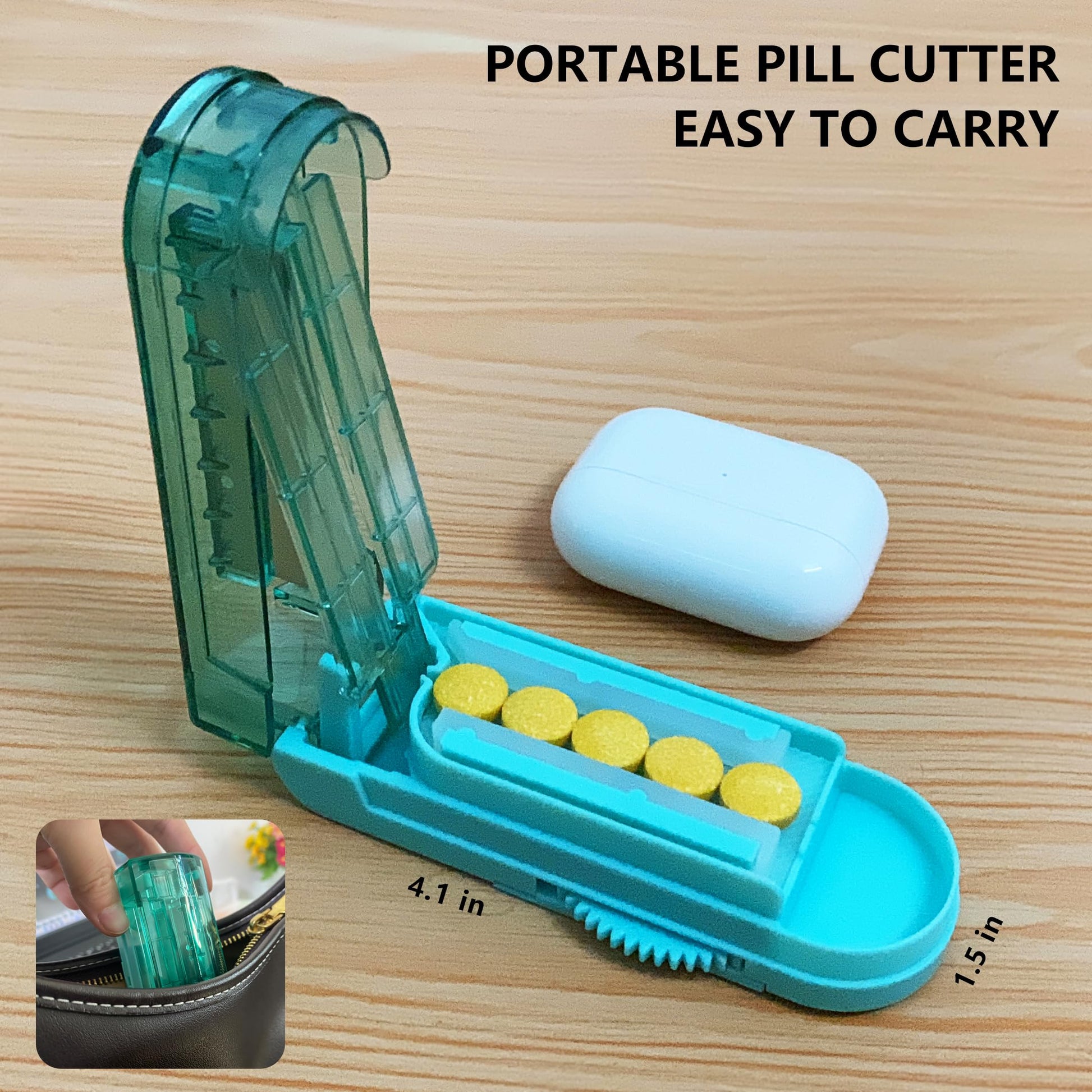 JohnBee safe blade pill splitter with standard dimensions chart display.