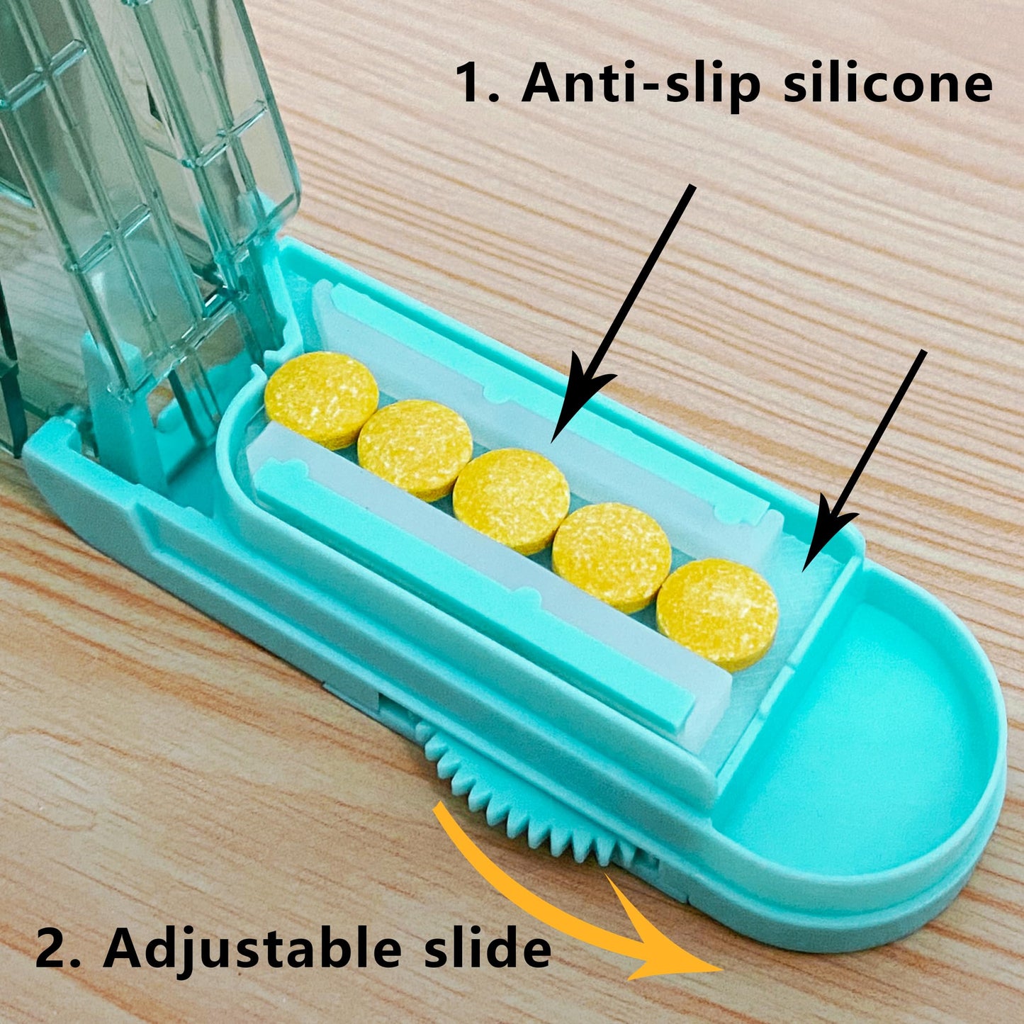 JohnBee travel friendly medication splitter showing compact design with included cleaning brush.