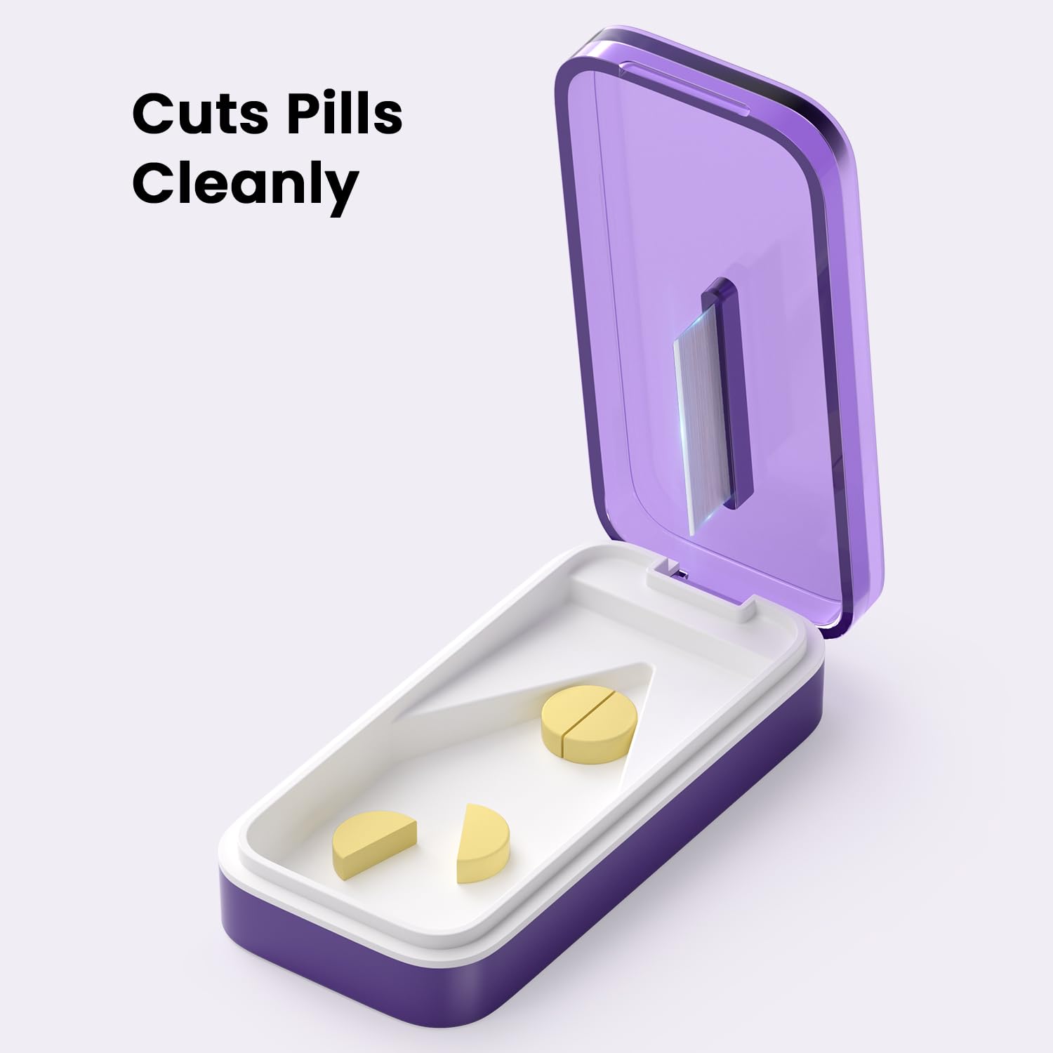 SevenYing medication divider open showing the premium stainless steel blade and safety guard.