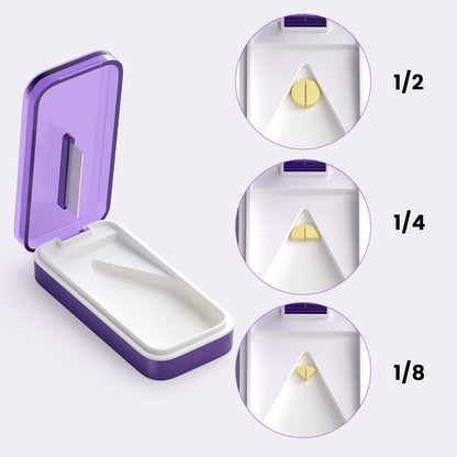SevenYing pill splitter demonstrating the adjustable V-shaped silicone holder securing a small tablet.