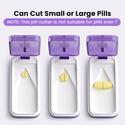 SevenYing tablet cutter displaying large and small vitamins cut precisely into halves and quarters.