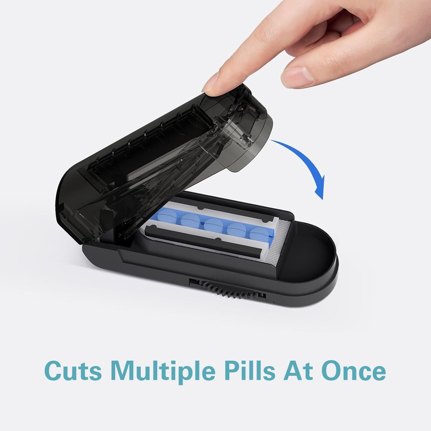 DEPAD medicine divider showing dual adjustable side rails holding tiny round pills