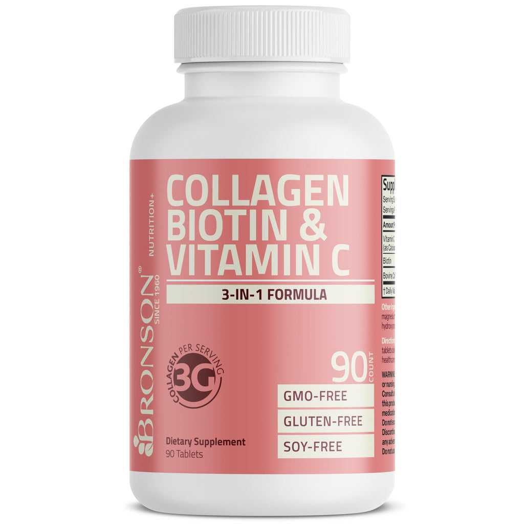 Bronson collagen biotin vitamin c 90 tablets clean formulation seal close up