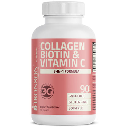 Bronson collagen biotin vitamin c 90 tablets clean formulation seal close up