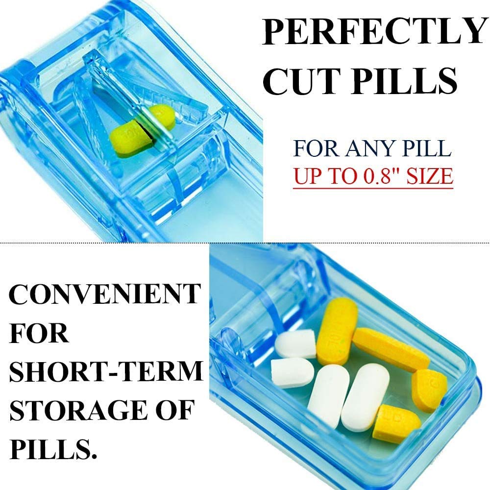 Premium medical pill cutter open showing three built-in storage compartments for travel organization.