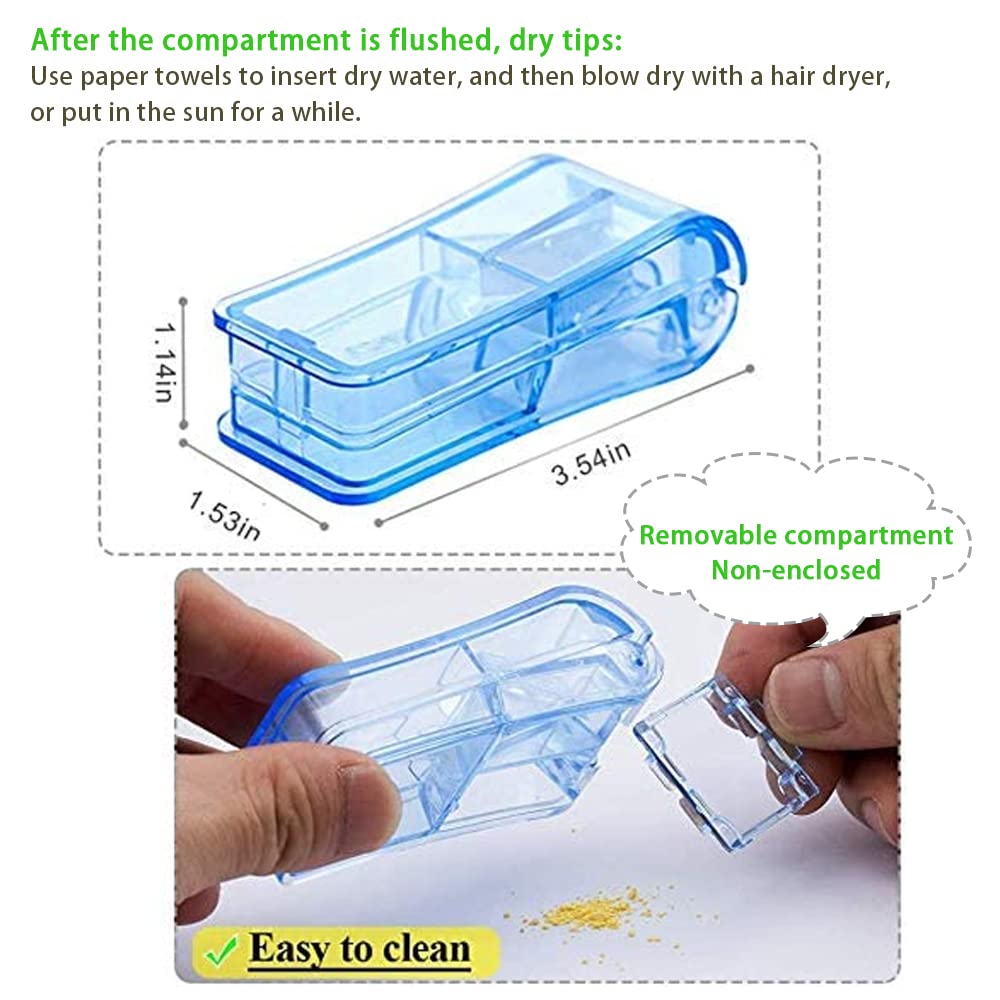 Blue pill divider with the detachable back cover open demonstrating easy cleaning of powder residue.