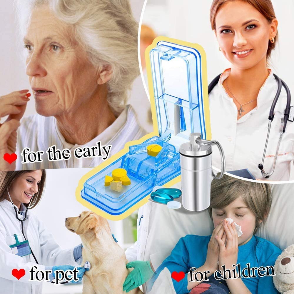 JohnBee health tool bundle including the blue splitter device, small cleaning brush, and portable keychain holder.
