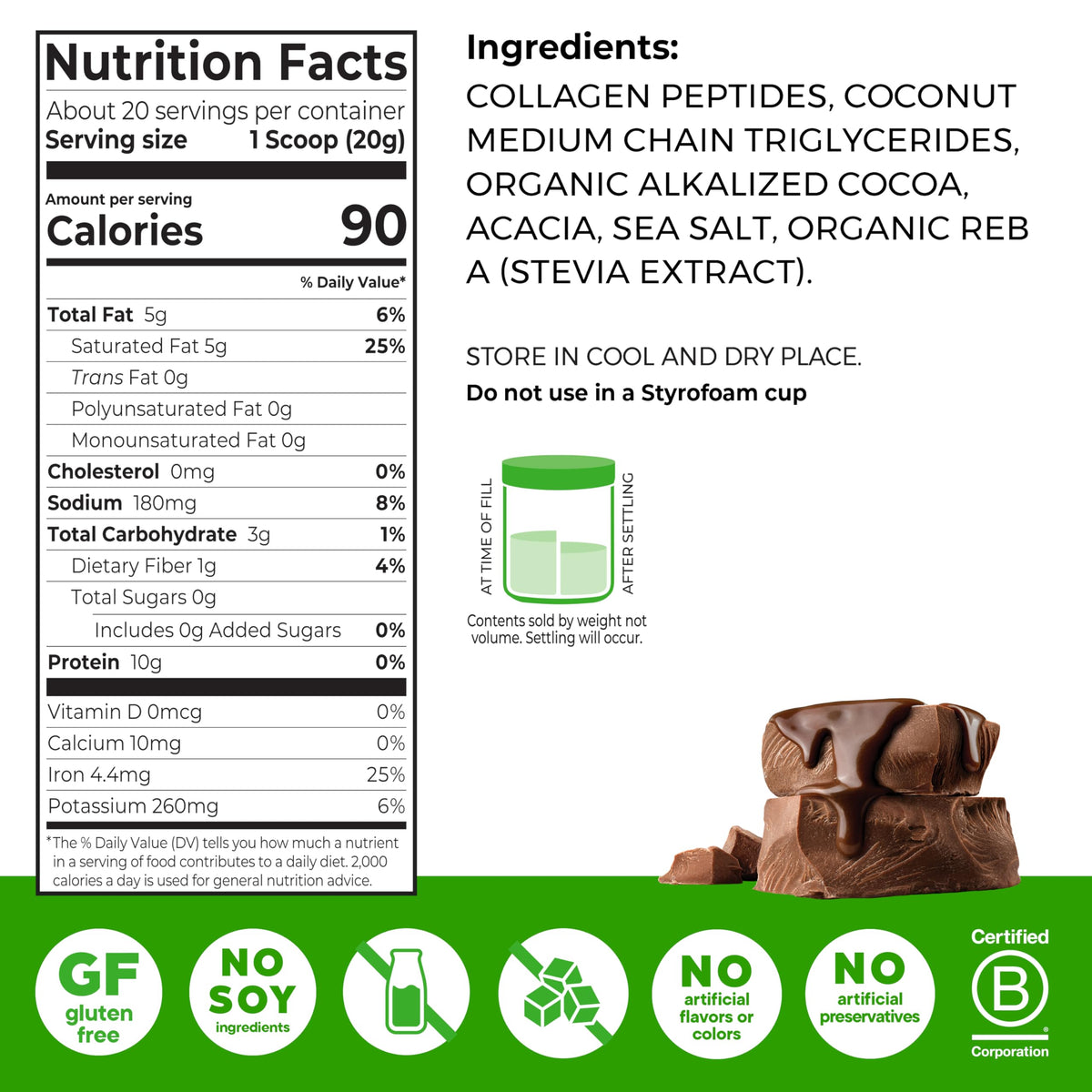 Orgain Keto Chocolate Protein Powder side view listing ten grams of collagen and zero sugar