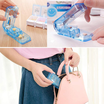 Safety shield design on the tablet cutter protecting fingers from the sharp internal blade system.