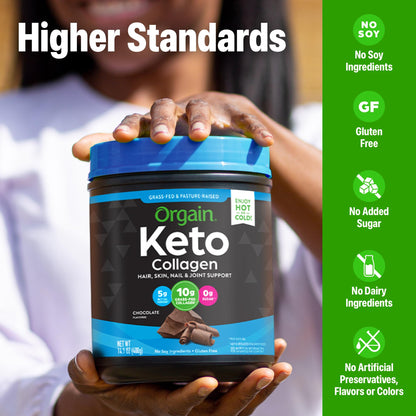 Orgain Keto Collagen Protein Powder showing rich chocolate mixability in a morning beverage shaker
