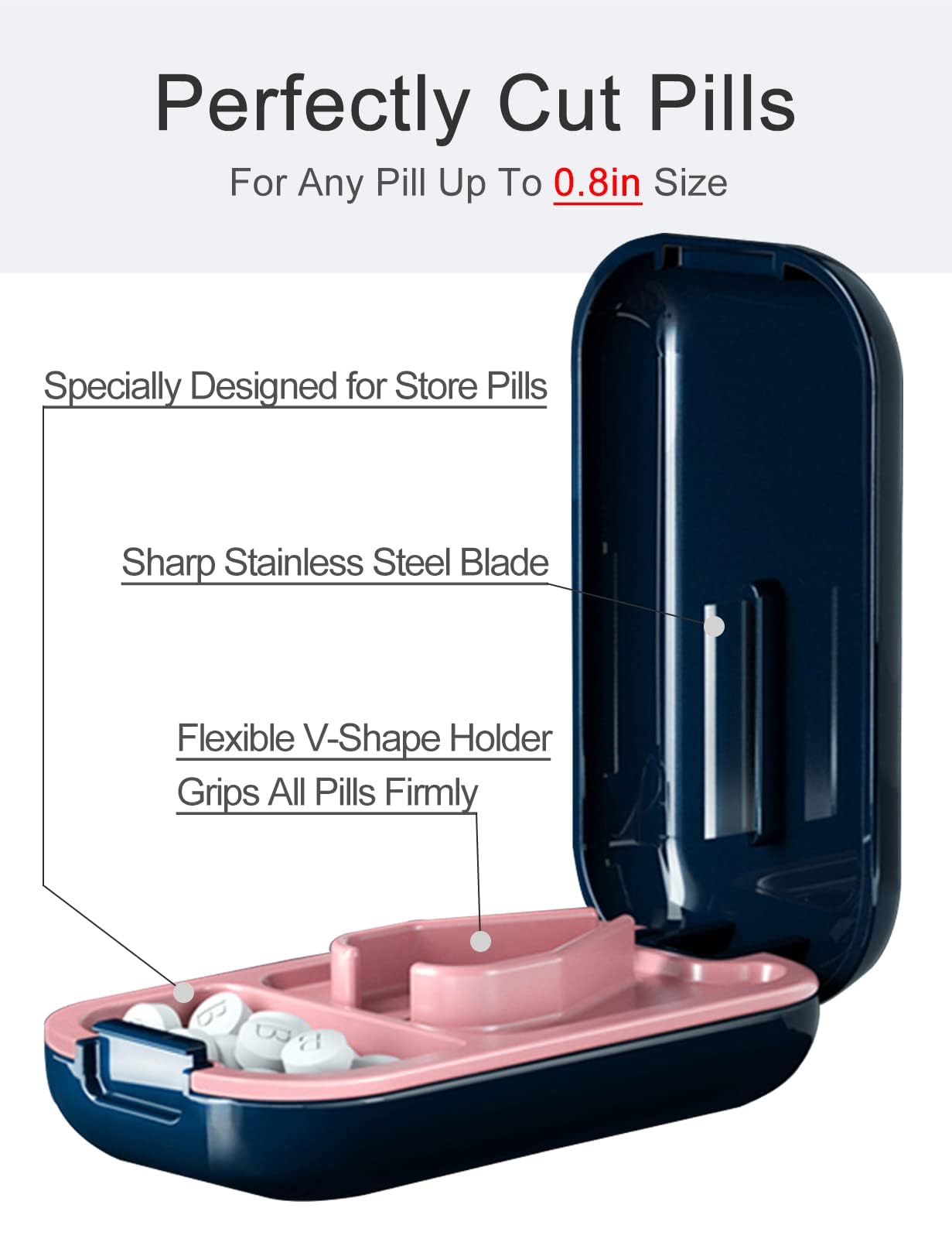 Navy blue and pink pill splitter showing internal V-shaped holder