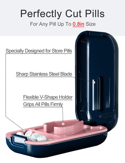 Navy blue and pink pill splitter showing internal V-shaped holder