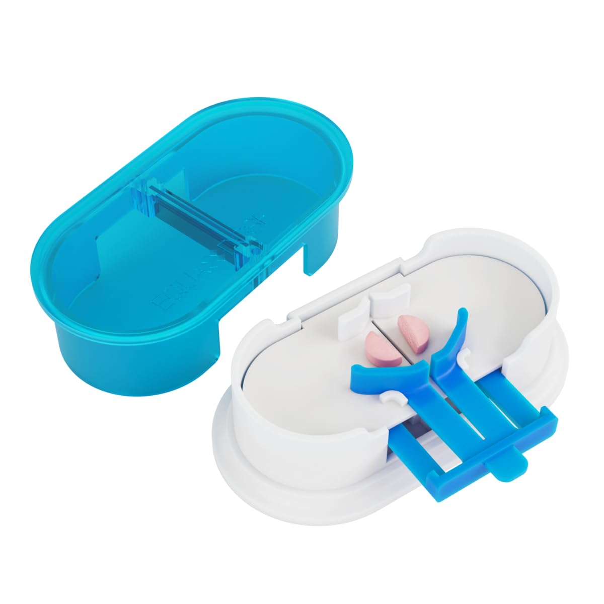 EQUADOSE pill splitter blue centering device holding a tablet