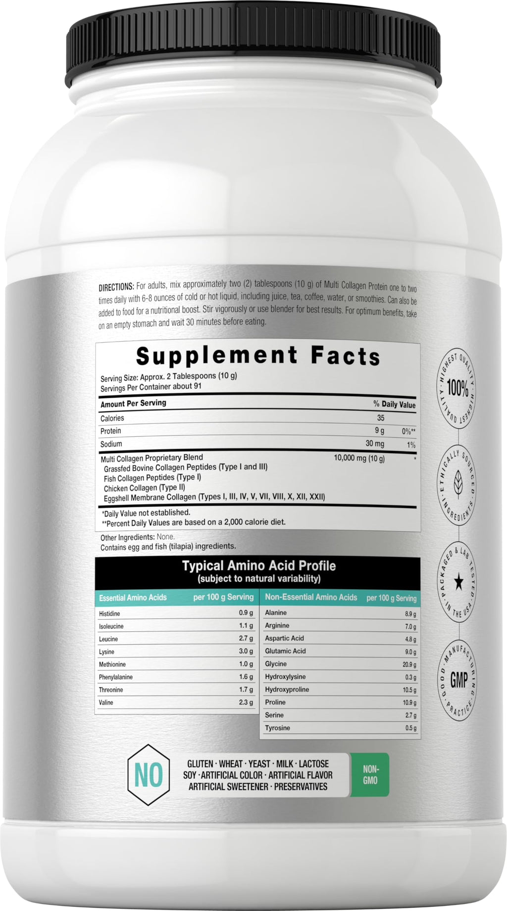 Horbäach multi collagen protein container showing nutritional supplement facts and ingredient list