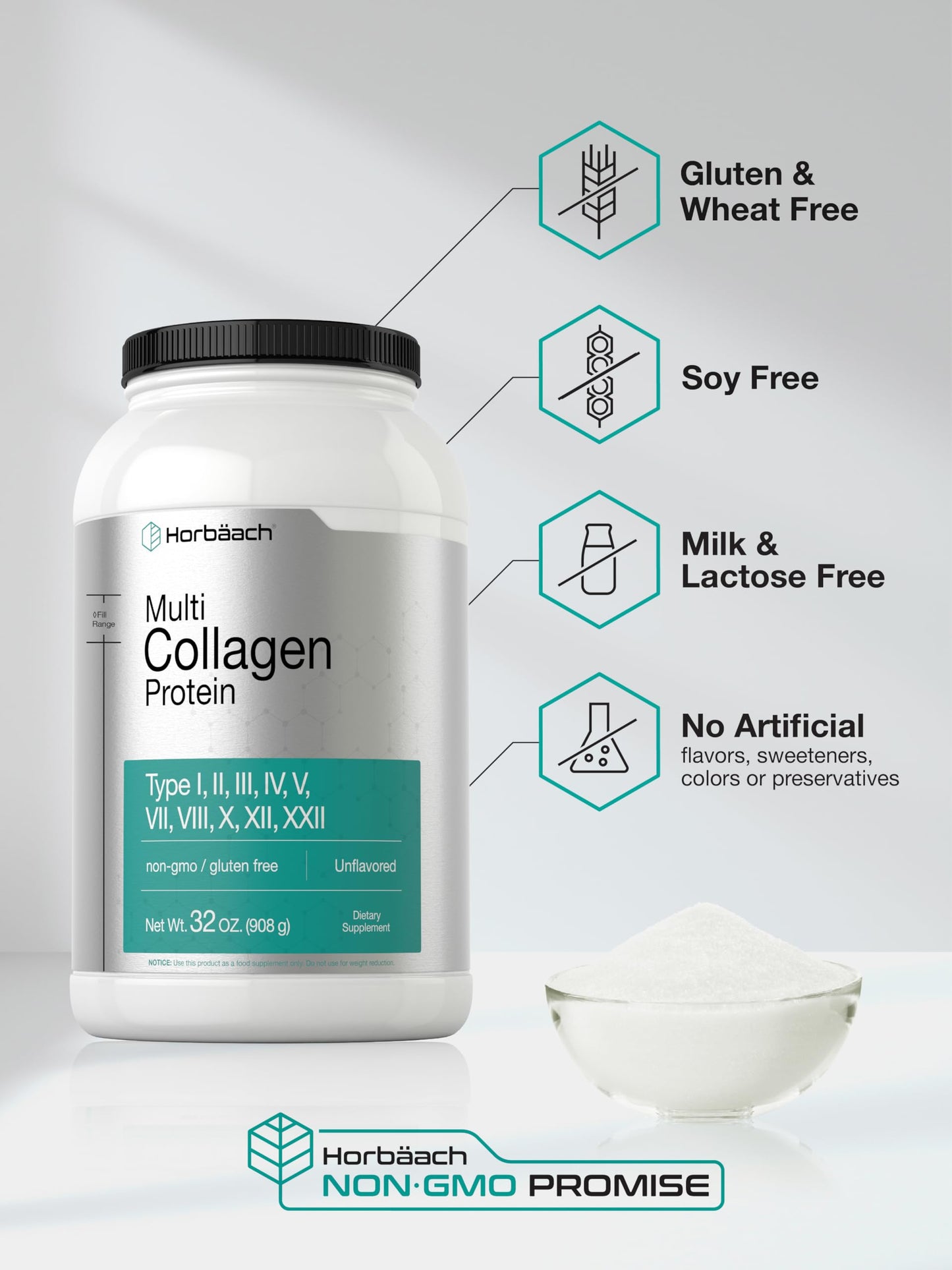 Horbäach multi collagen protein powder showing five essential types callout graphic icons