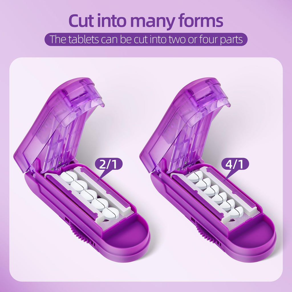Demonstration of turning the gears on the purple DUBSTAR pill cutter to lock pills in place