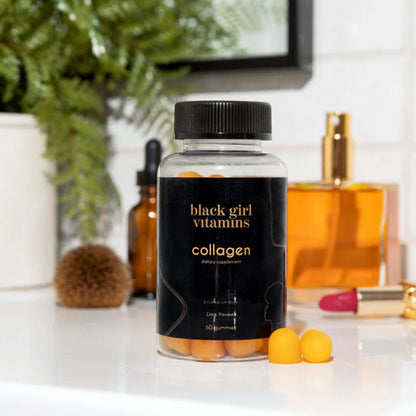 Gluten free Black Girl Vitamins collagen bottle with vitamin C and biotin ingredient details.