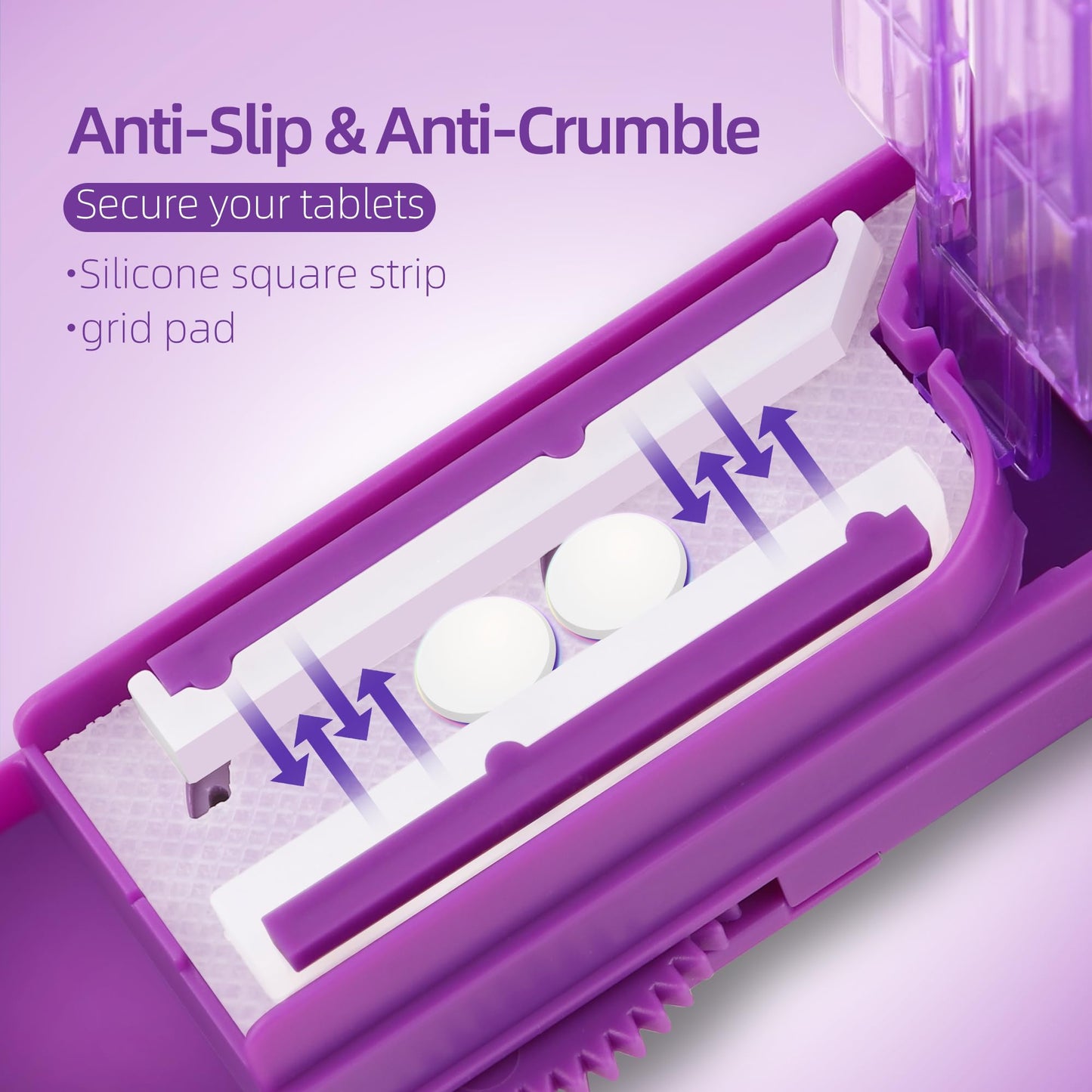 DUBSTAR daily supplement cutter showcasing precisely split tablet halves on the non slip silicone pad