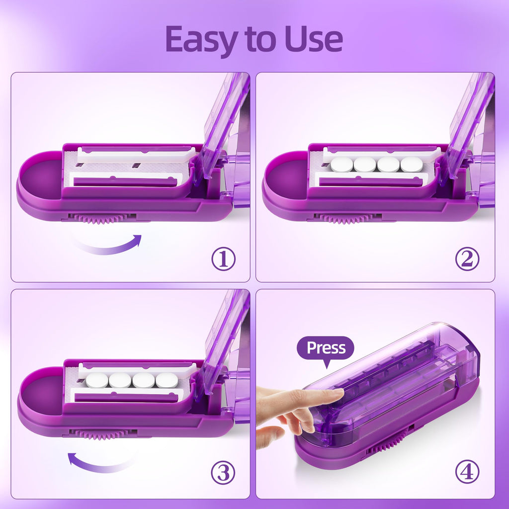 Compact purple DUBSTAR medical pill splitter shown next to a travel handbag for portability
