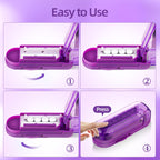 Compact purple DUBSTAR medical pill splitter shown next to a travel handbag for portability