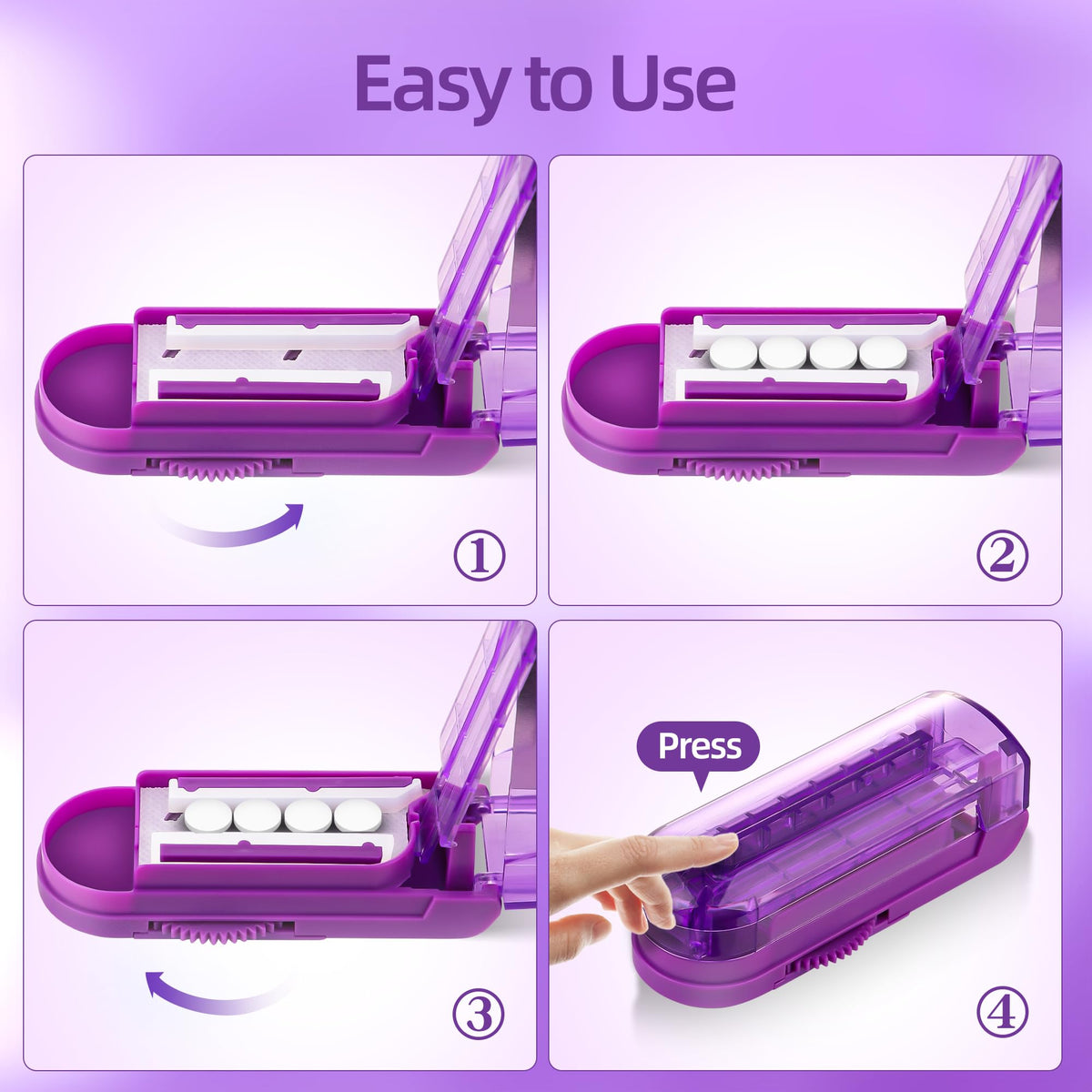 Compact purple DUBSTAR medical pill splitter shown next to a travel handbag for portability