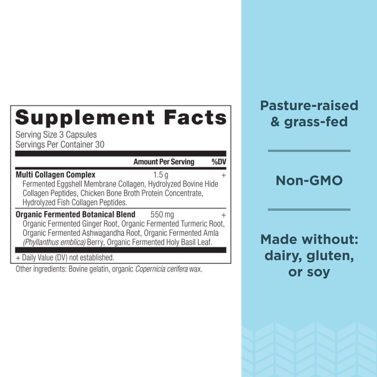Side view of Ancient Nutrition multi collagen capsules bottle highlighting grass-fed bovine and shellfish-free wild fish ingredients.