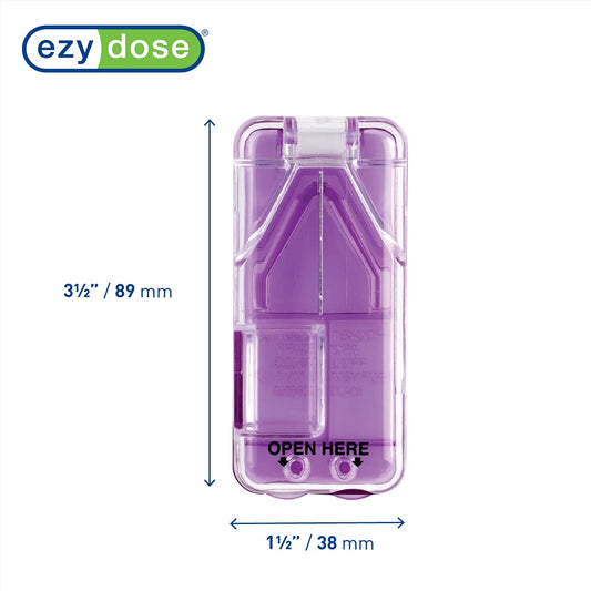 EZY DOSE portable medication splitter open view showing stainless steel blade and V shaped holder