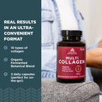 Three daily serving capsules of Ancient Nutrition multi collagen peptides displayed next to the product packaging.